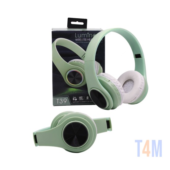 LUMINOUS WIRELESS HEADPHONE T39 TF/MICRO SD/HANDS-FREE WITH COLORFUL LED AND NOISE-CANCELING FEATURE 400MAH GREEN